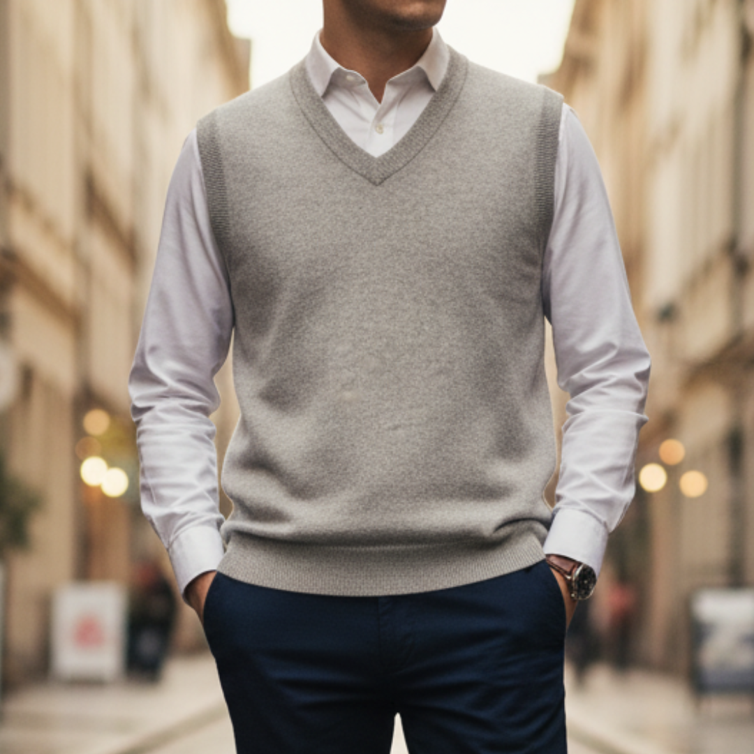 Men's breathable knit V-neck vest in navy blue slim fit for casual and semi-formal layering