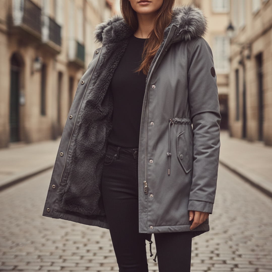 Women's winter parka with faux fur trim hood, warm synthetic insulation, stylish cold weather coat