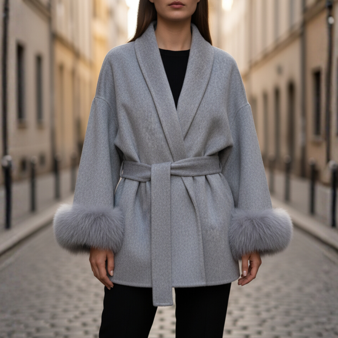 Women's short faux fur belted coat elegant winter wear available in multiple colors