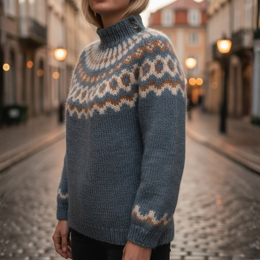 Women's high neck Nordic jacquard sweater cozy warm knit pattern winter cold days style