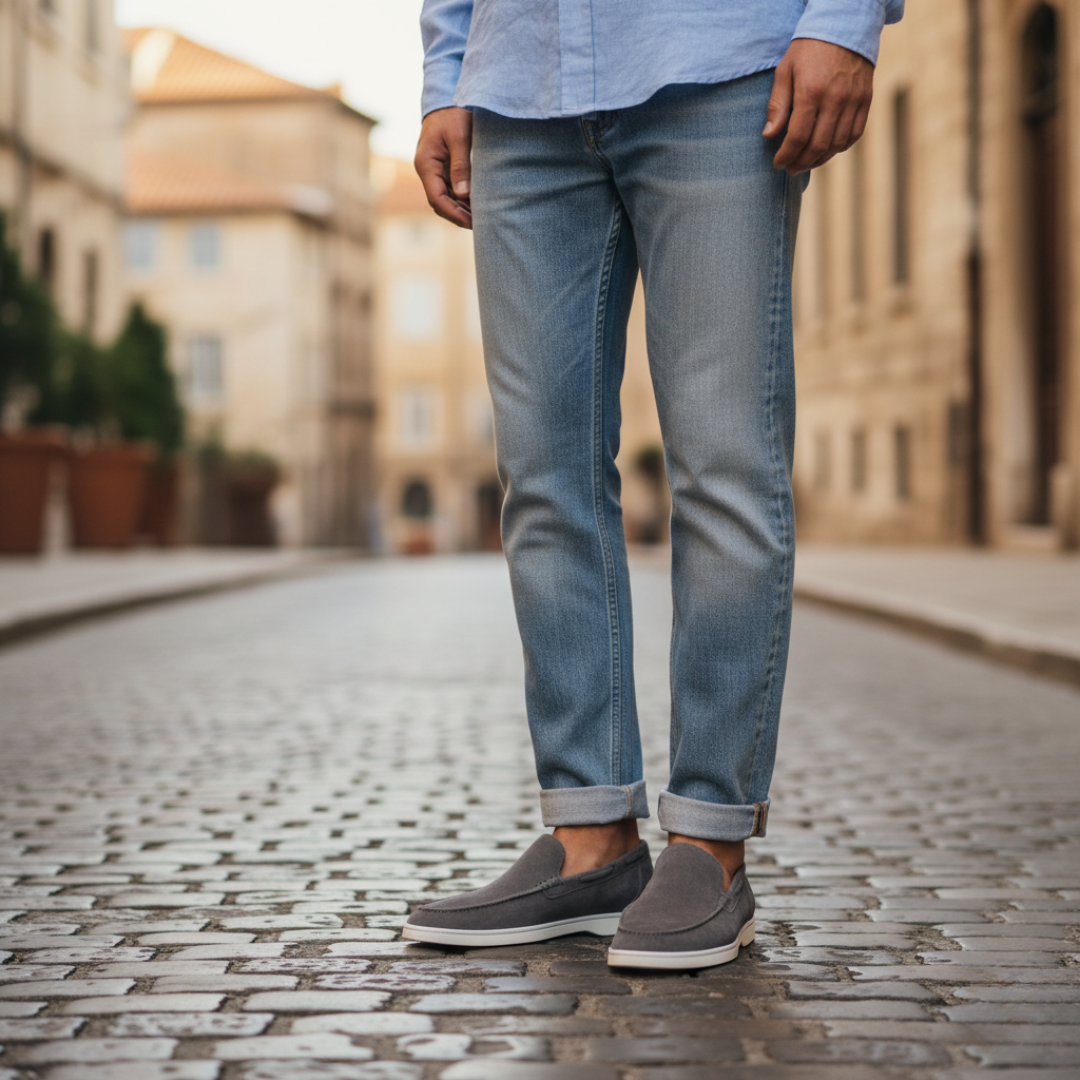 Men's suede slip-on moccasin loafers with rubber sole, casual comfort style and visible stitching
