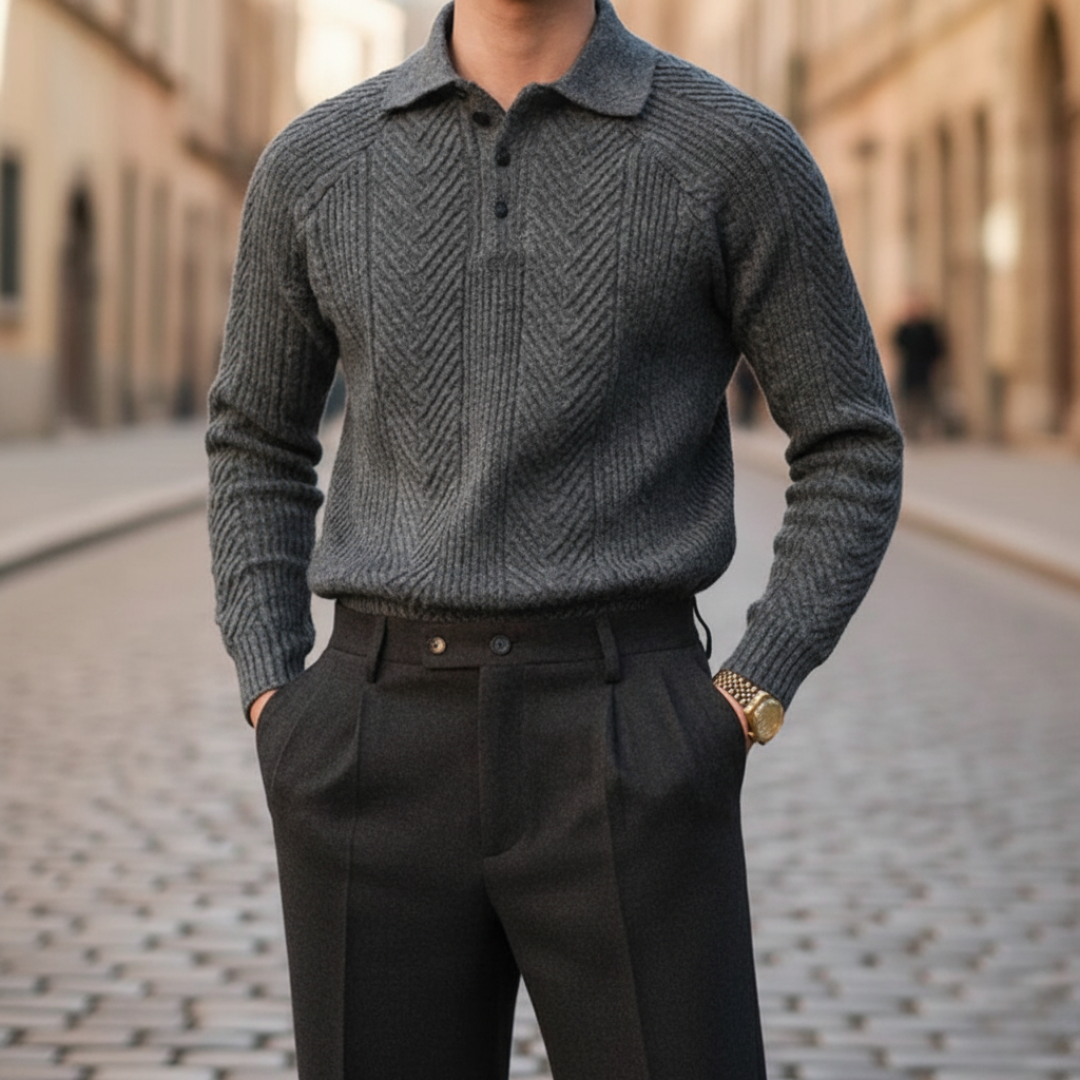 Men's apricot polo collar sweater lightweight breathable polyester casual everyday slim fit