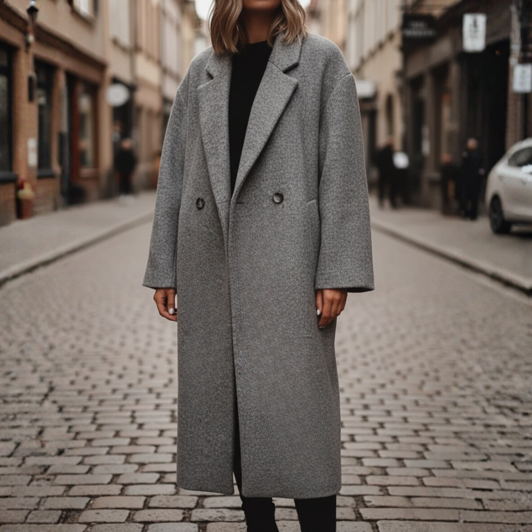 Women's belted double-breasted coat in black elegant winter outerwear with waist-defining belt