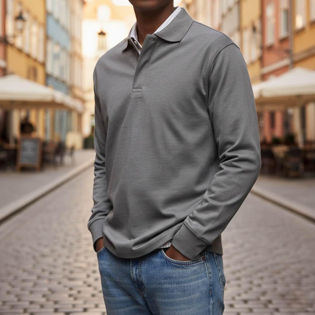 Men's long sleeve polo shirt button collar soft fabric classic fit versatile cool weather casual top