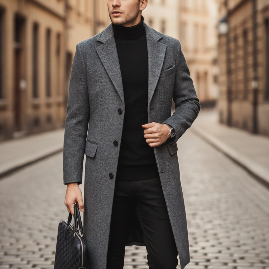 Men's winter fabric coat with small chest pocket slim fit refined casual style in black beige gray blue