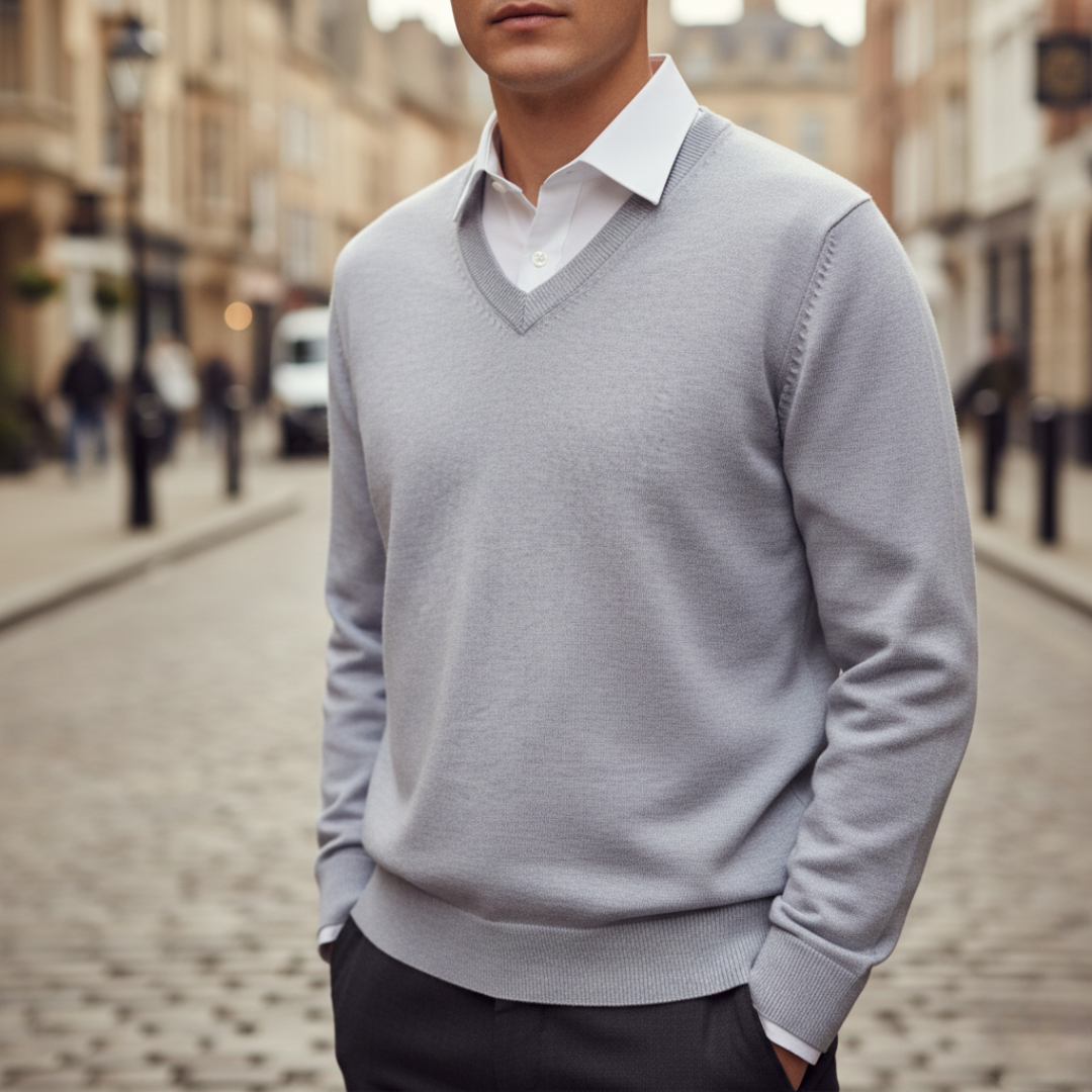Men's classic V-neck sweater soft knit fabric regular fit versatile layering essential for office or casual wear