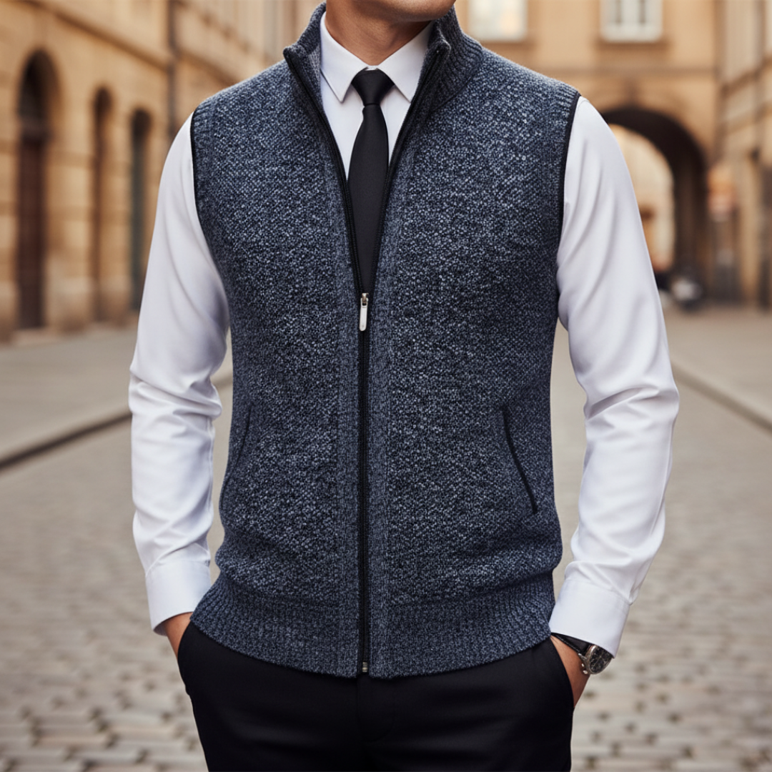 Men's wool zip sweater vest high collar in gray, black, and maroon for versatile layering