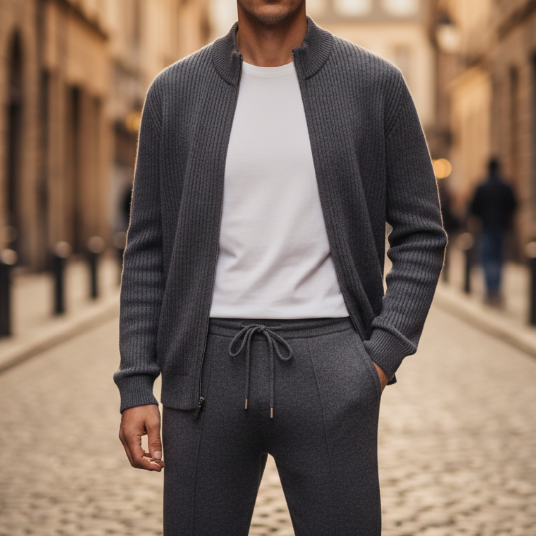 Men's soft yarn tracksuit set zip jacket joggers regular fit ribbed collar athletic leisure
