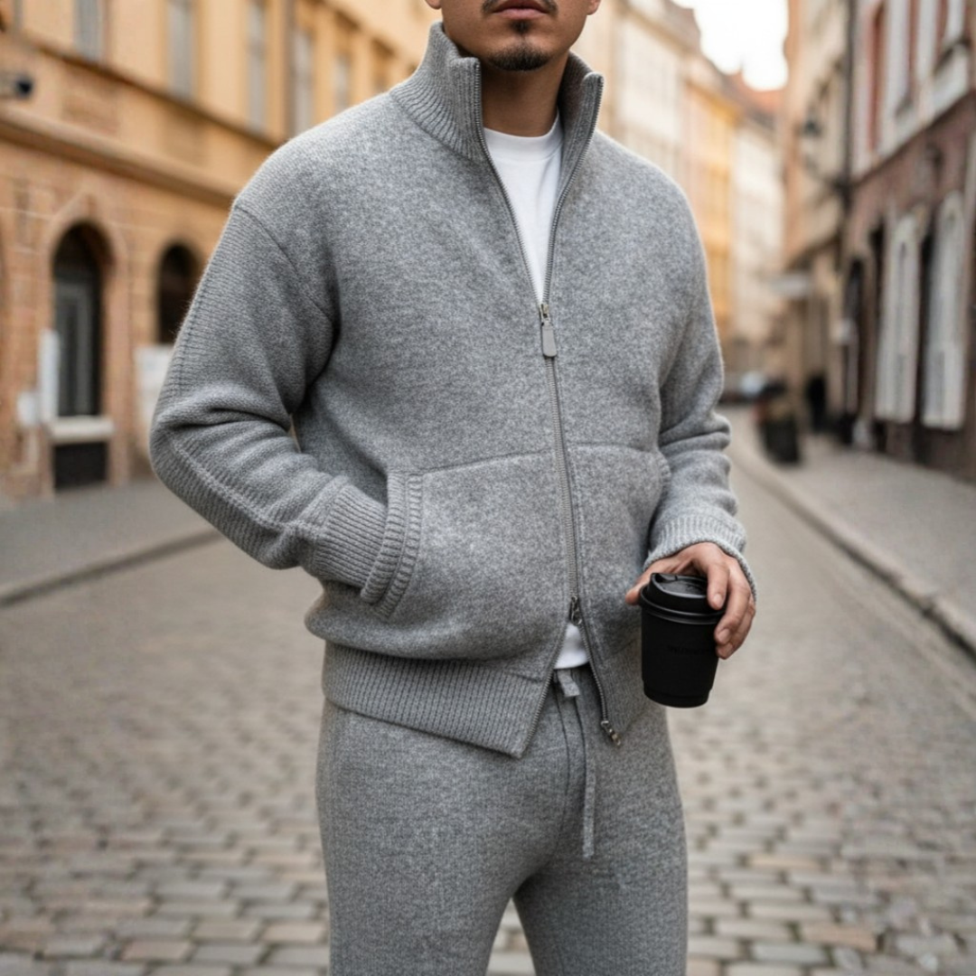 Men's wool knit zip jacket high collar full-zip neutral tone versatile everyday layering piece