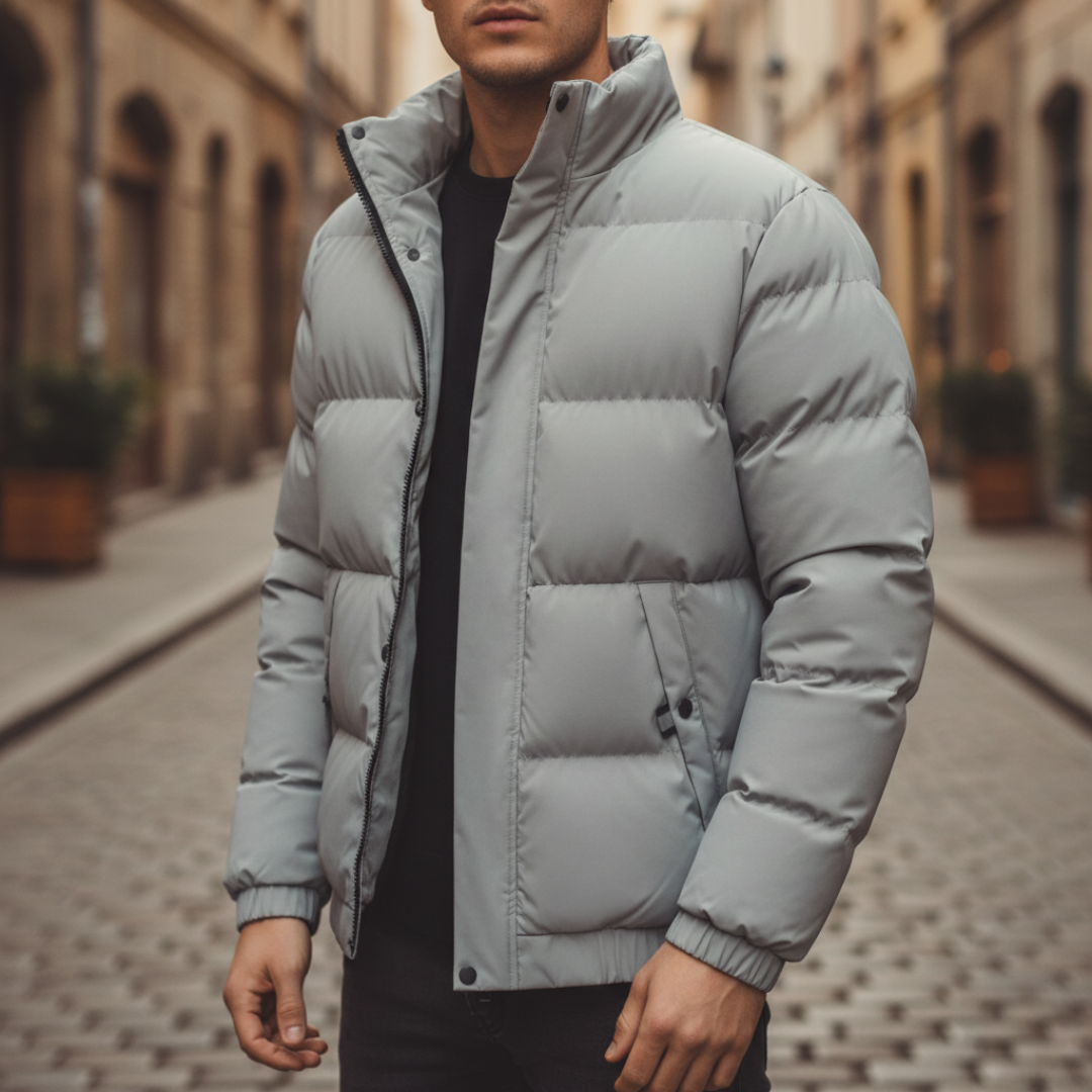 Men's black insulated down jacket high collar full-zip ribbed cuffs casual winter wear
