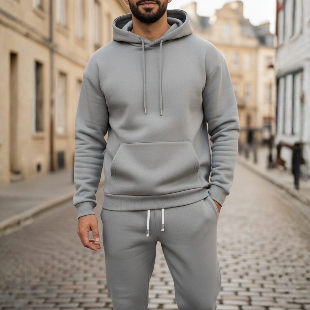 Men's gray fleece hooded jumpsuit cozy one-piece relaxed fit loungewear with kangaroo pocket