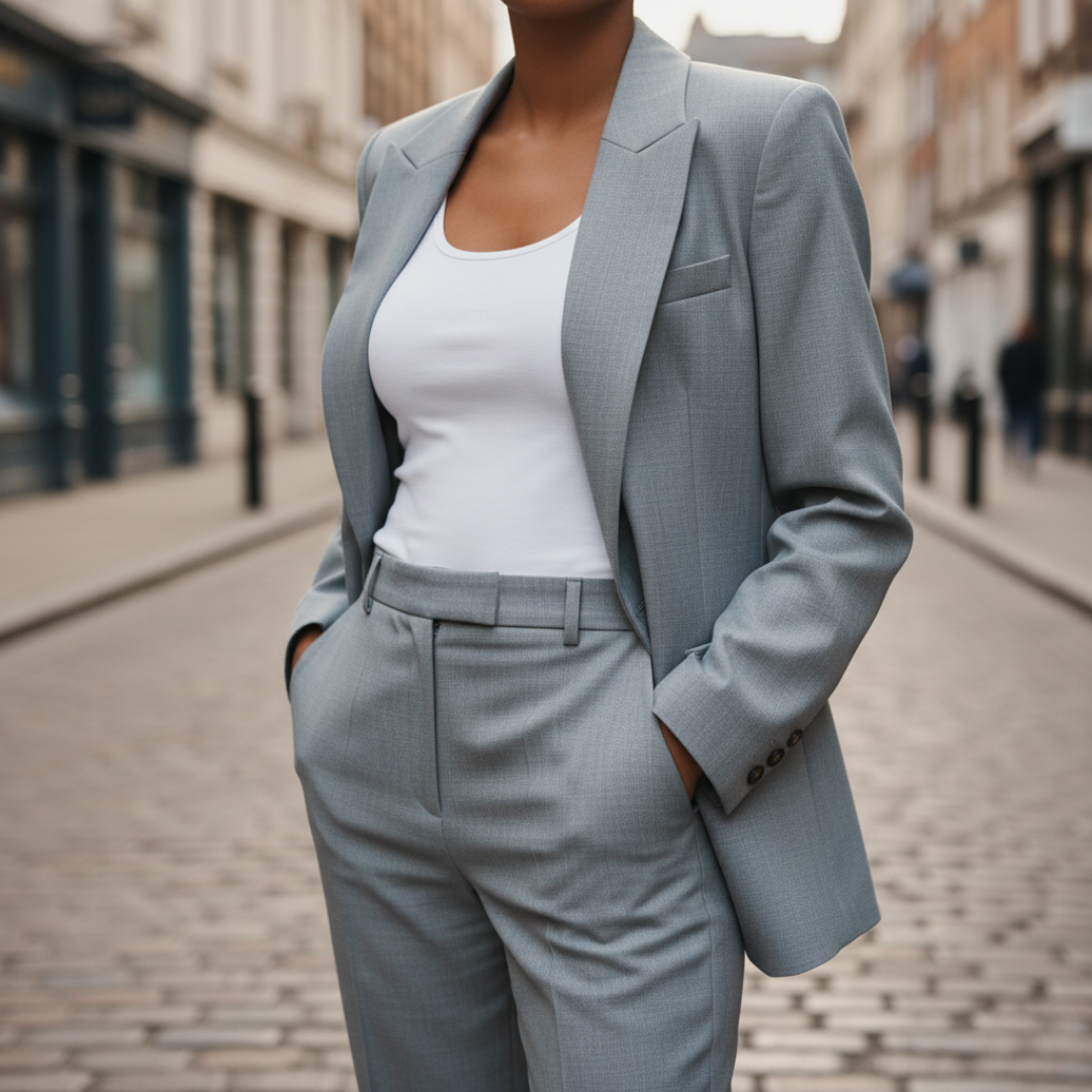 Women's formal suit jacket and pants set, professional slim fit, durable stretch fabric in classic solid color