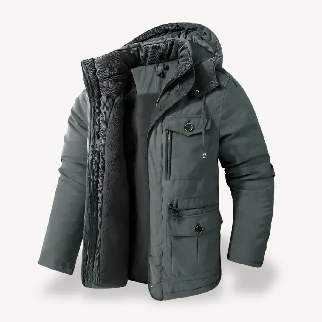 Men's heavy-duty winter jacket streamlined fit with rugged outdoor-ready construction for cold weather