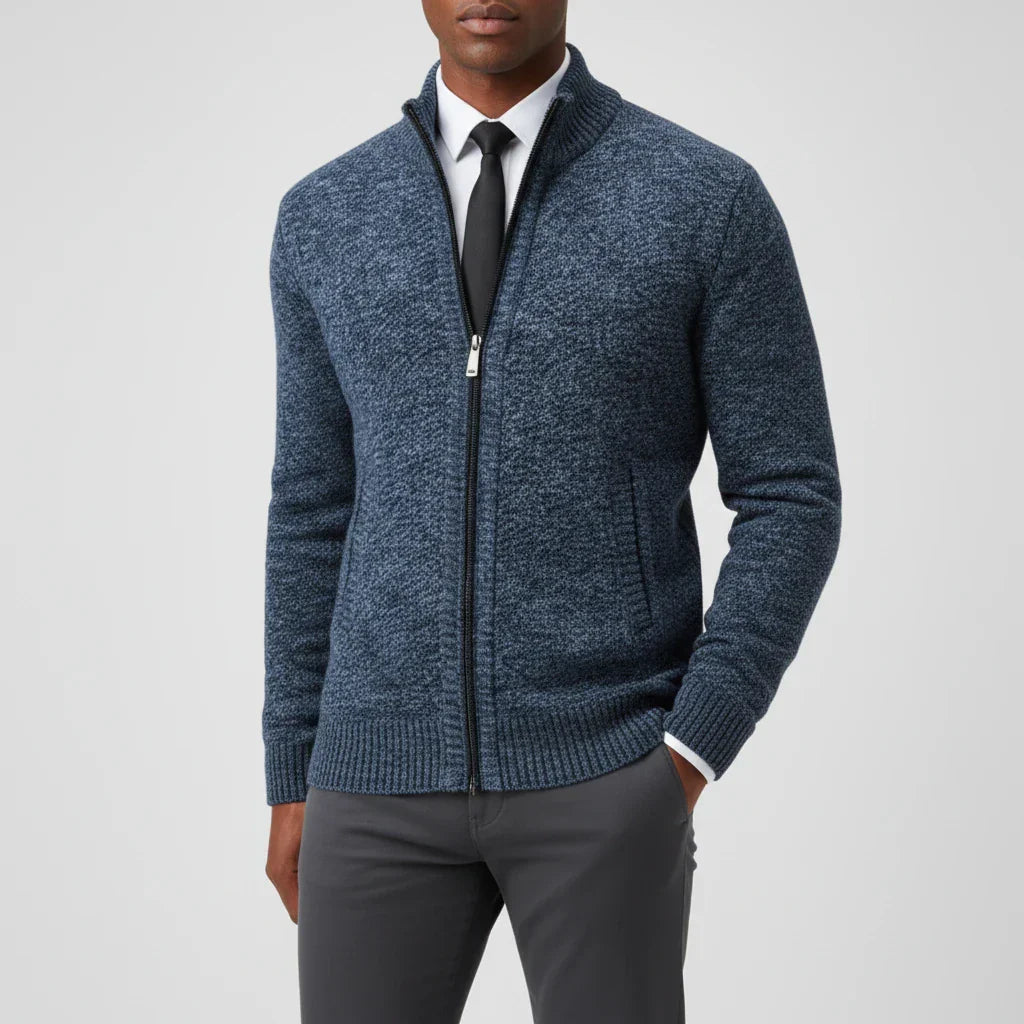 Men's zip-up sweater stand collar versatile layering office weekend style clean silhouette