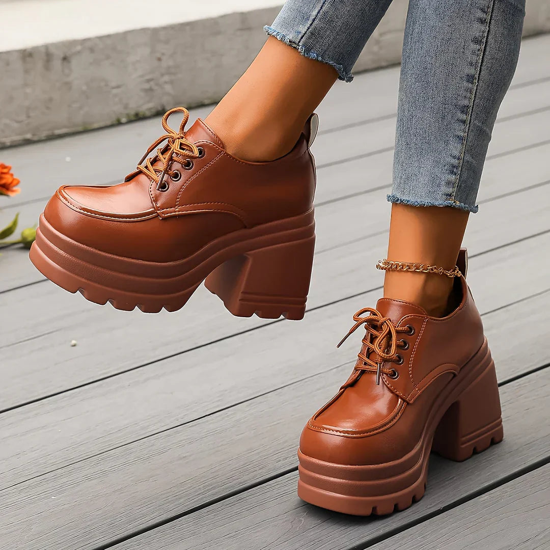 Women's black vegan leather chunky platform oxford shoes with 3.94-inch heel elevation