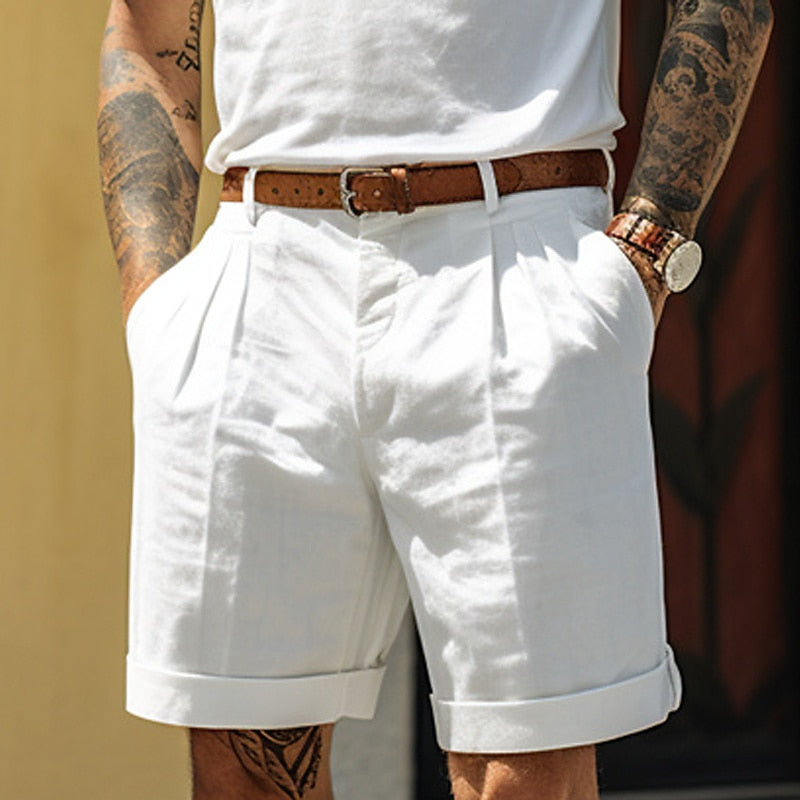 Men's linen-cotton blend classic shorts breathable lightweight summer style with refined drape