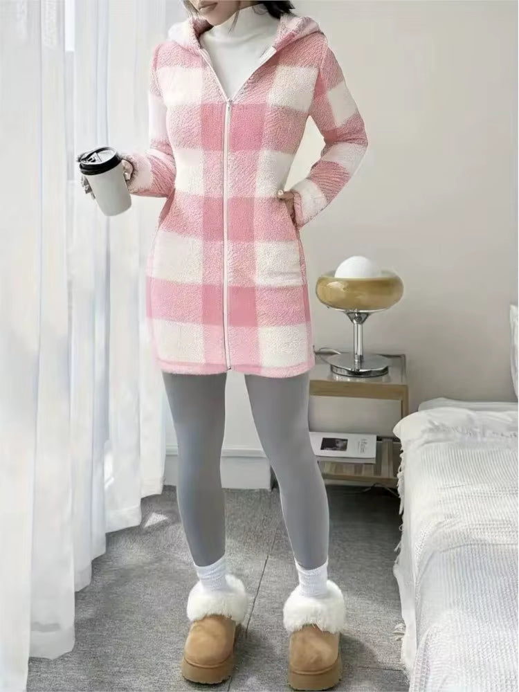 Women's longline hooded sherpa jacket black white buffalo check plaid ultra-soft fleece oversized fit