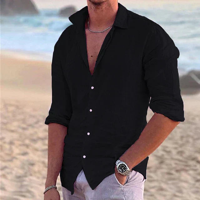 Men's white lightweight linen-blend long sleeve button-up shirt breathable spring summer casual fit