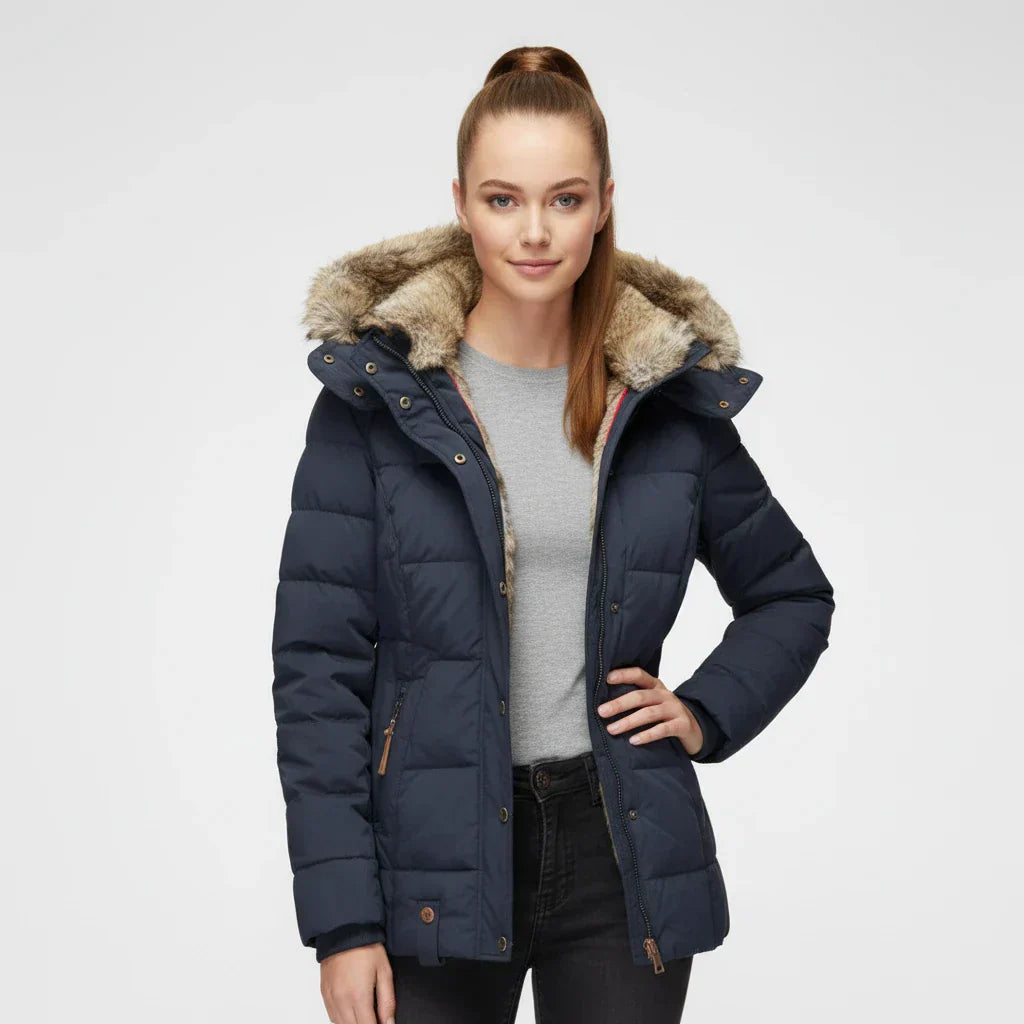 Women's hooded quilted puffer jacket flattering silhouette cozy winter coat versatile style
