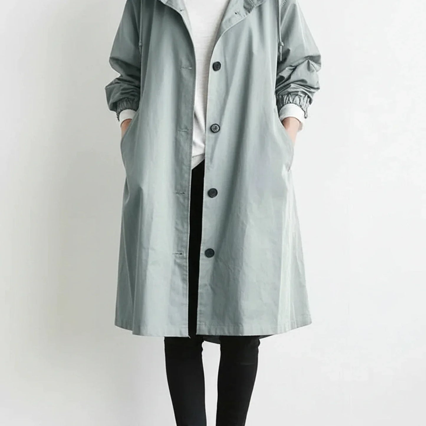 Women's hooded long coat drawstring hood A-line silhouette button front trench-inspired style pockets