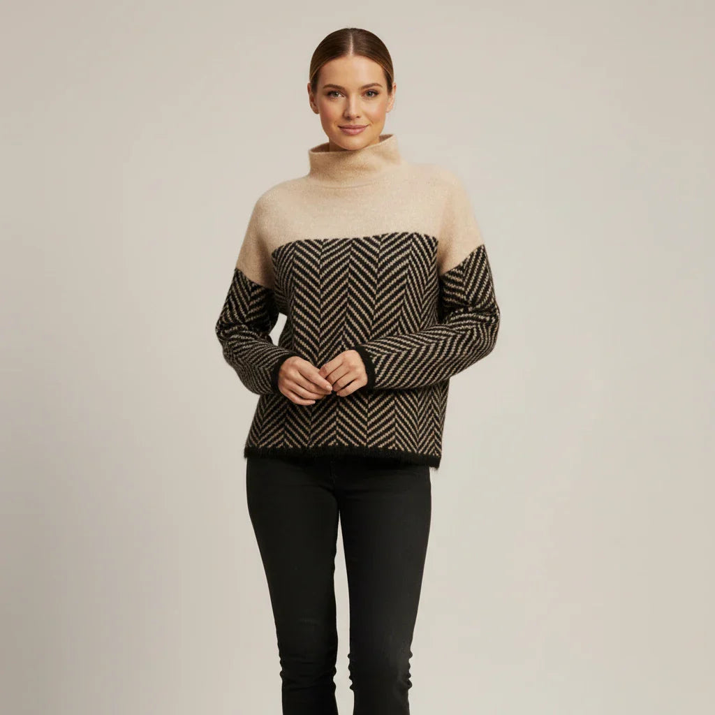 Women's oversized turtleneck sweater color block chevron pattern cozy relaxed fit contemporary style