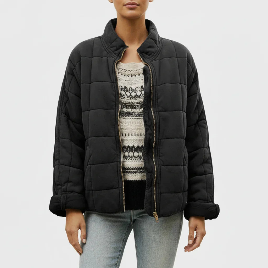 Women's quilted bomber jacket loose fit stand collar front zip transitional weather outerwear