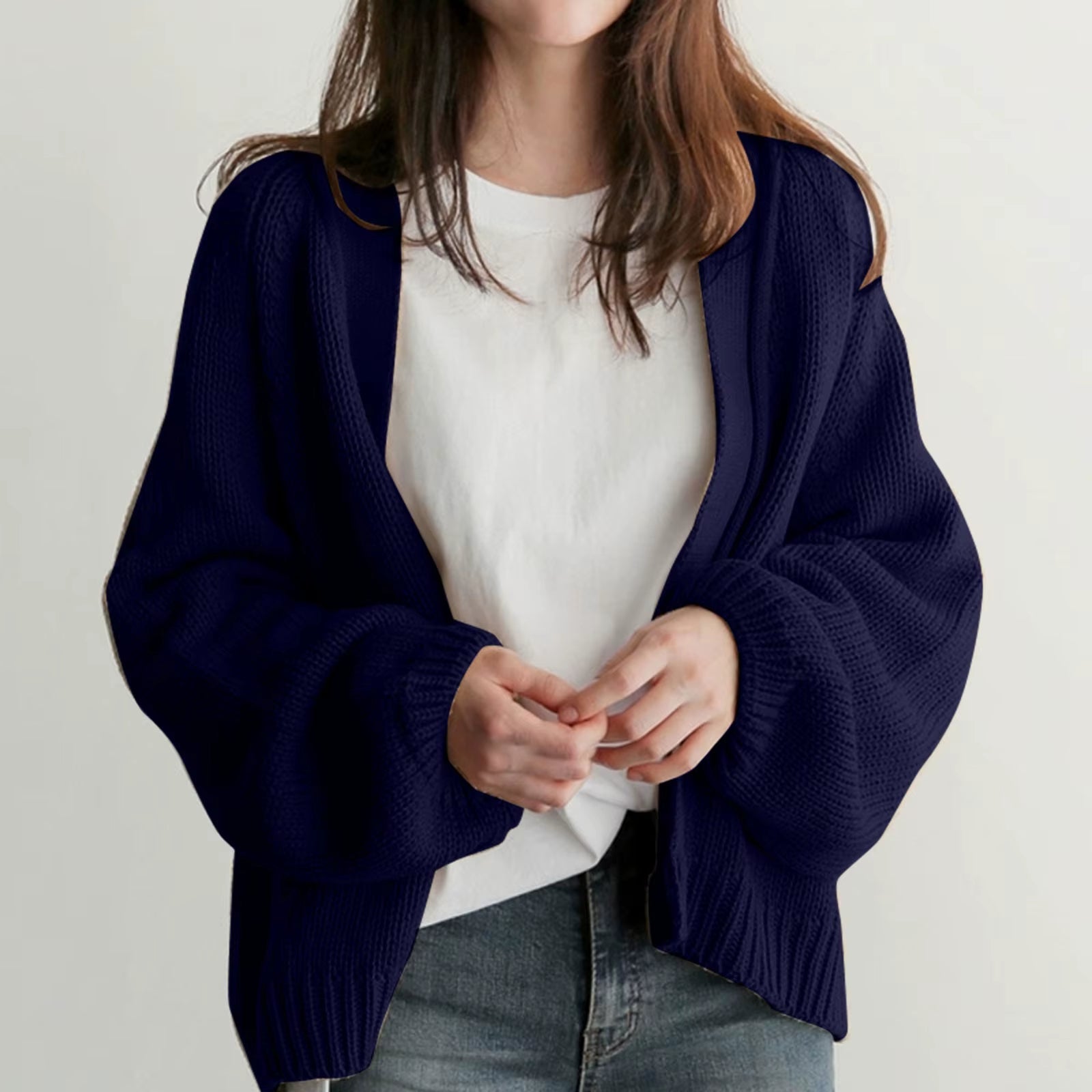 Women's beige open-front lounge cardigan relaxed drop shoulder cozy midweight knit layering piece