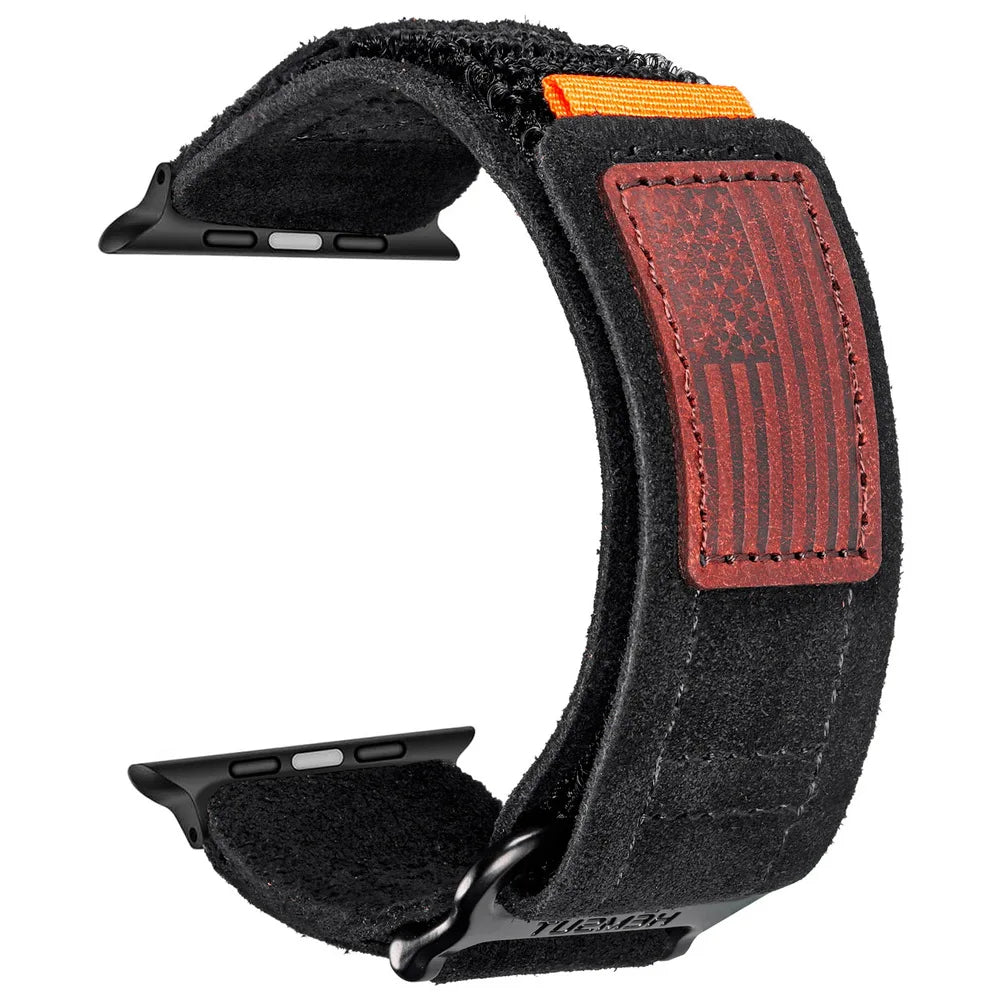 Distressed suede Apple Watch band rugged brown strap heavy-duty stitching velcro closure adventure style