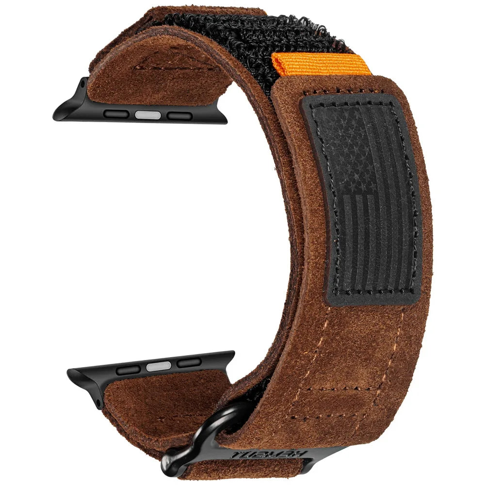 Distressed suede Apple Watch band rugged brown leather heavy-duty stitching velcro closure adventure style