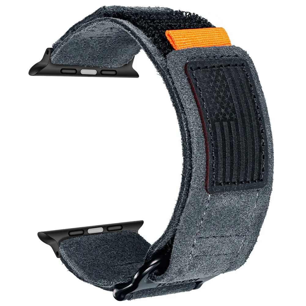 Distressed suede Apple Watch band rugged brown strap heavy-duty stitching velcro closure adventure style
