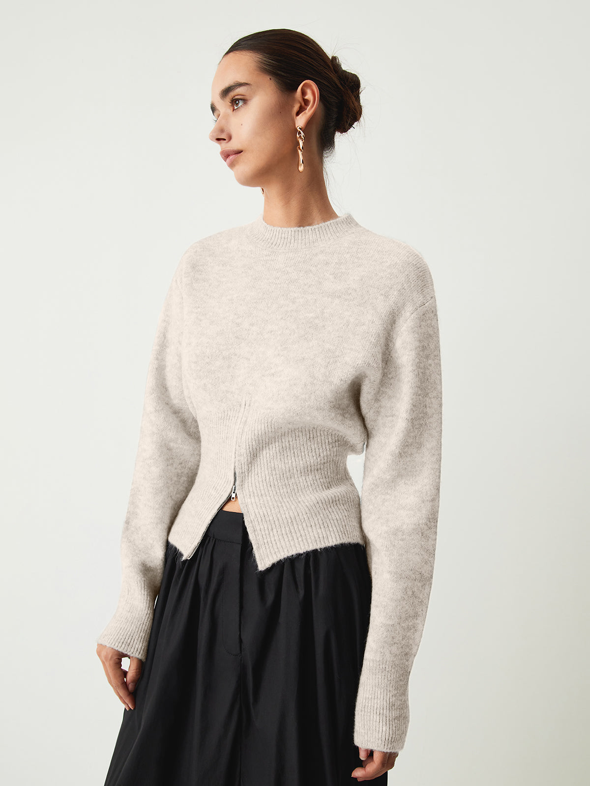 Women's fuzzy half-zip knit sweater in cozy casual fit with high-stretch polyamide fabric