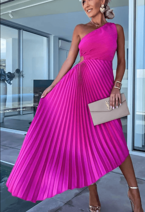 Women's one shoulder pleated maxi dress in elegant evening style with asymmetric neckline for galas