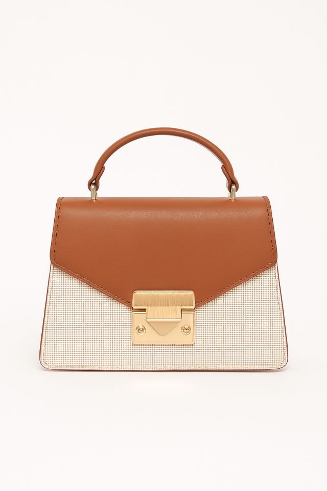 Women's structured canvas handbag with top handle and detachable gold chain strap, everyday style