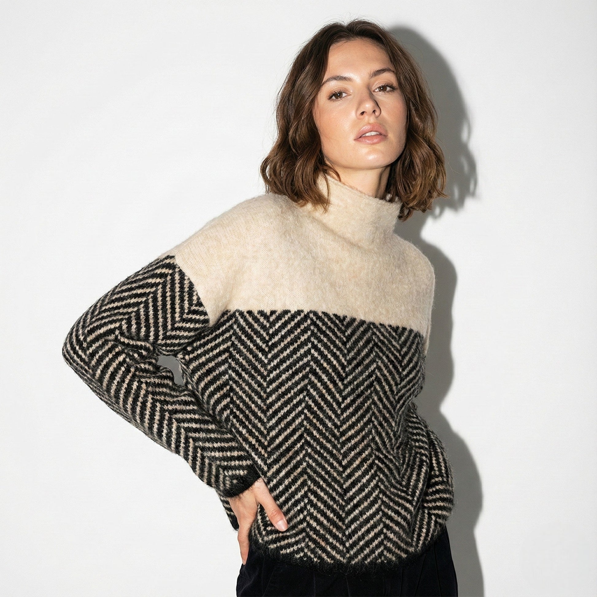 Women's turtleneck sweater chevron knit pattern relaxed fit soft warm casual winter style