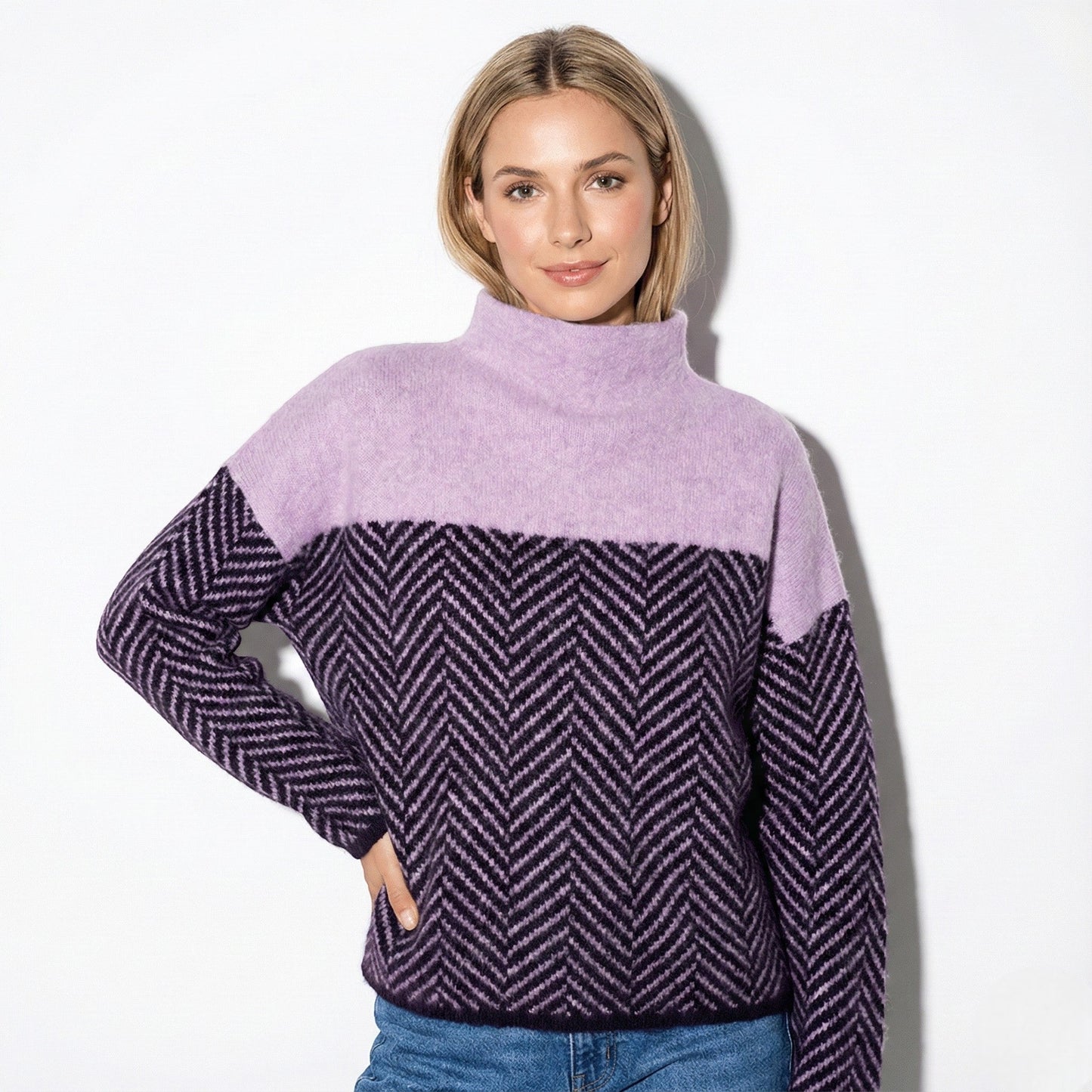 Women's turtleneck sweater chevron knit relaxed fit soft warm everyday casual winter style