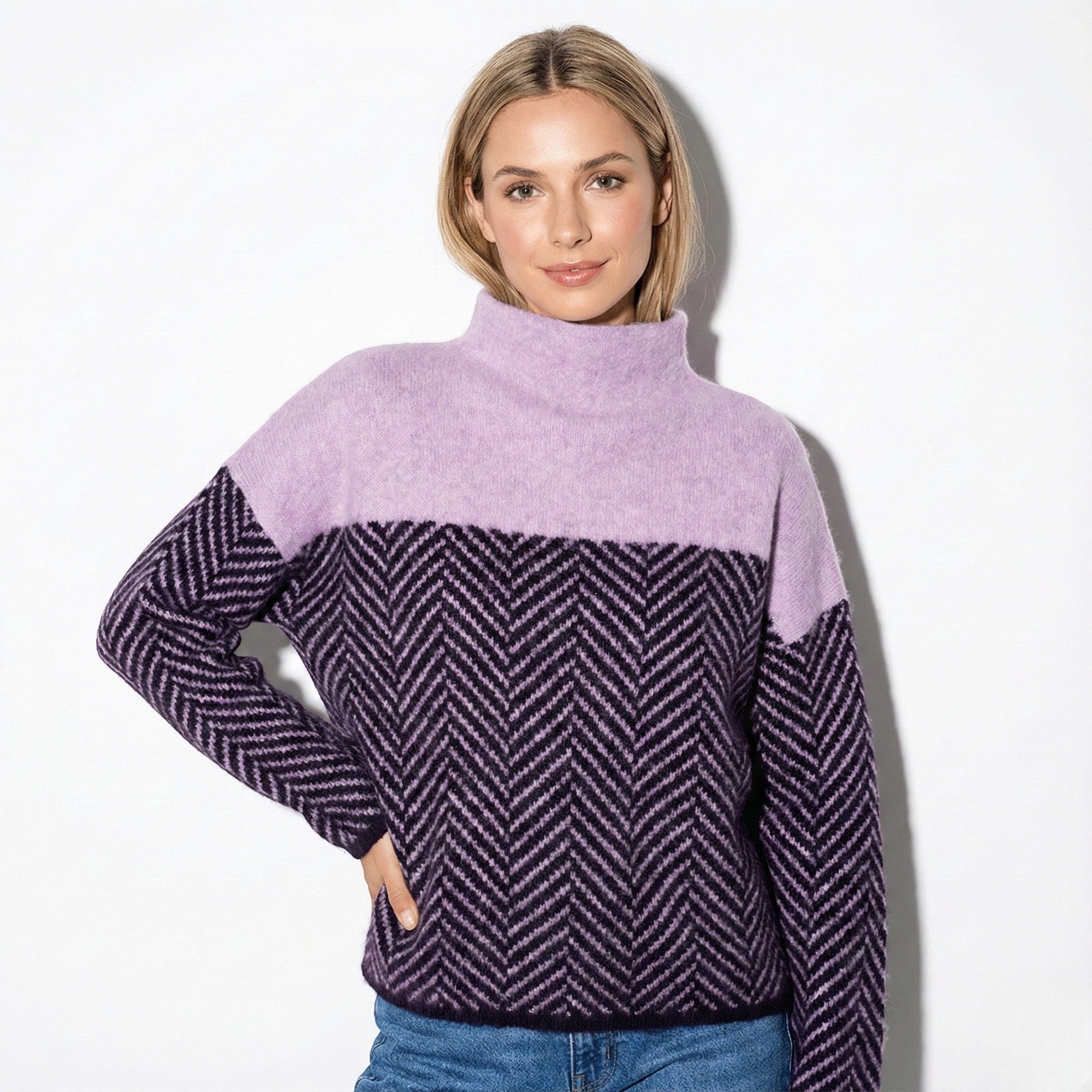 Women's turtleneck sweater chevron knit relaxed fit soft warm everyday casual winter style