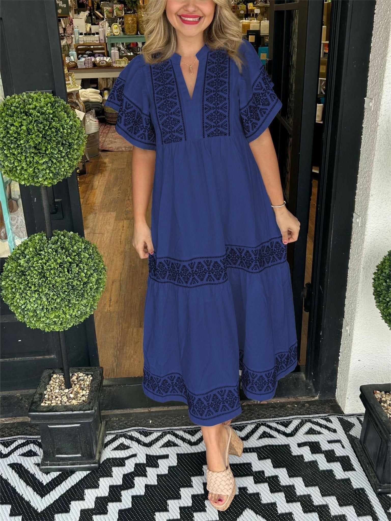 Hanna boho midi dress in earthy tones, relaxed fit with intricate embroidery detailing