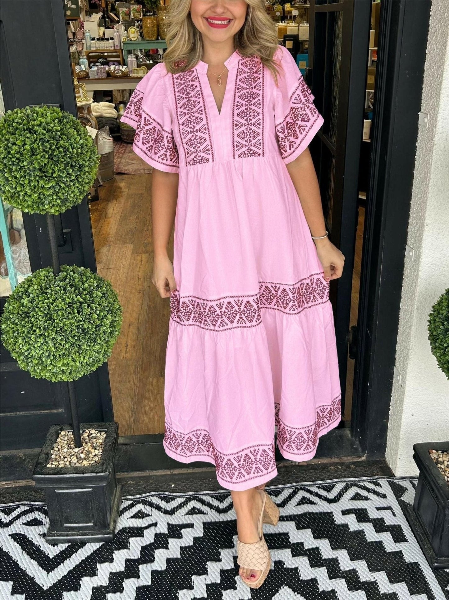 Hanna boho midi dress for women, floral embroidery, relaxed fit, breathable polyester fabric