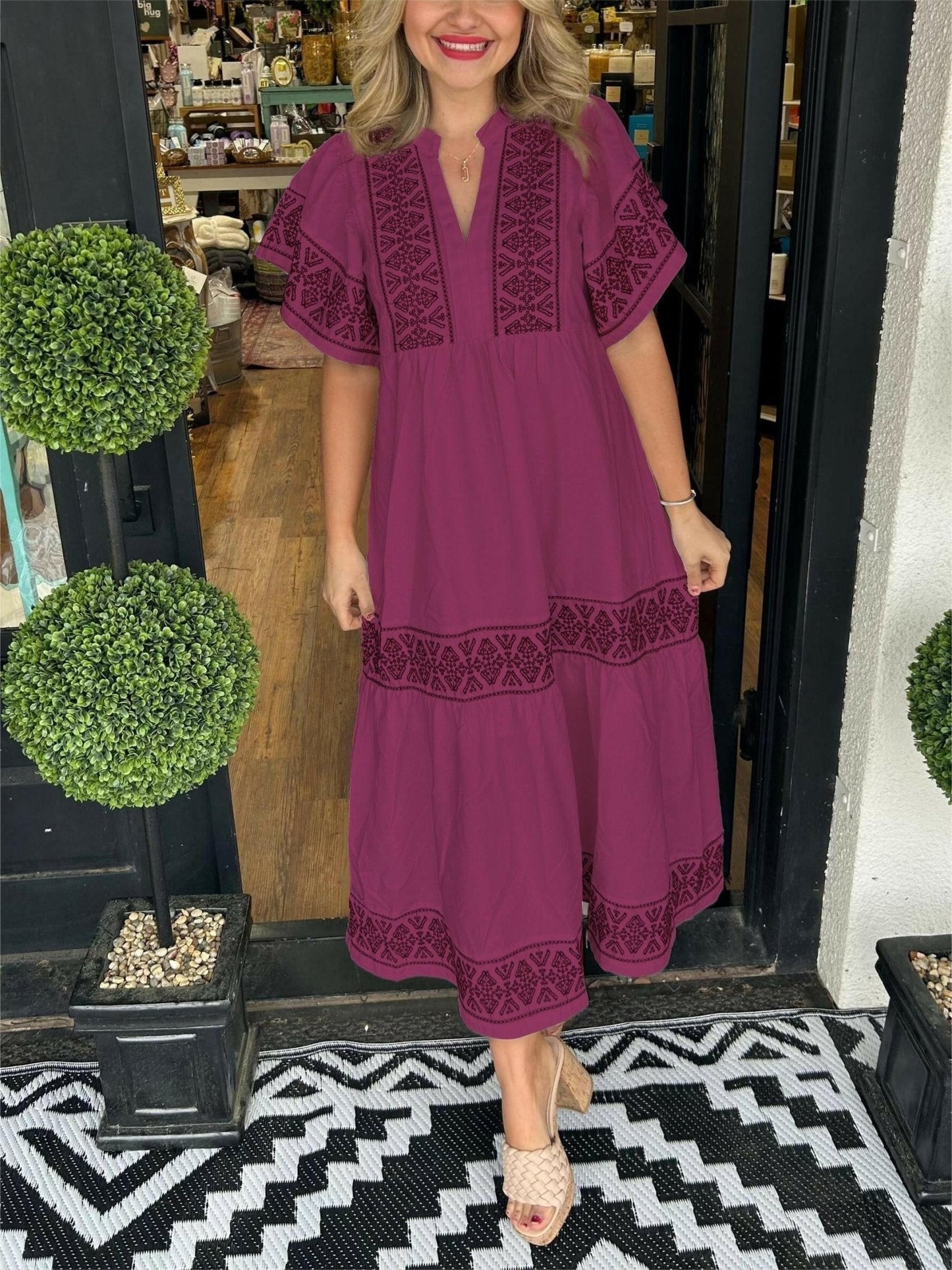 Boho midi dress for women in elegant style with intricate embroidery detailing and effortless comfort