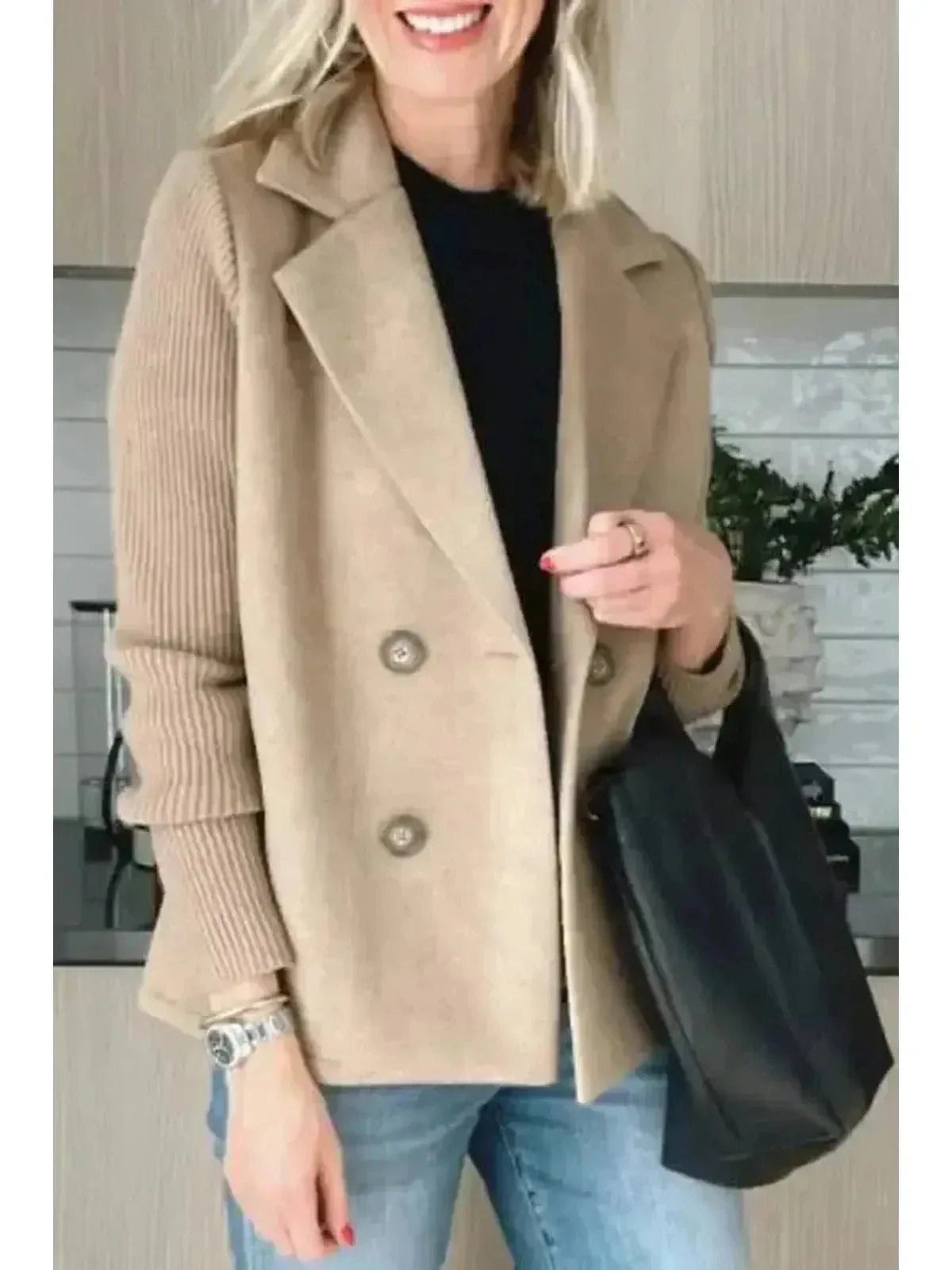 Harper beige patchwork button-front relaxed coat with contrast sleeve panels for women
