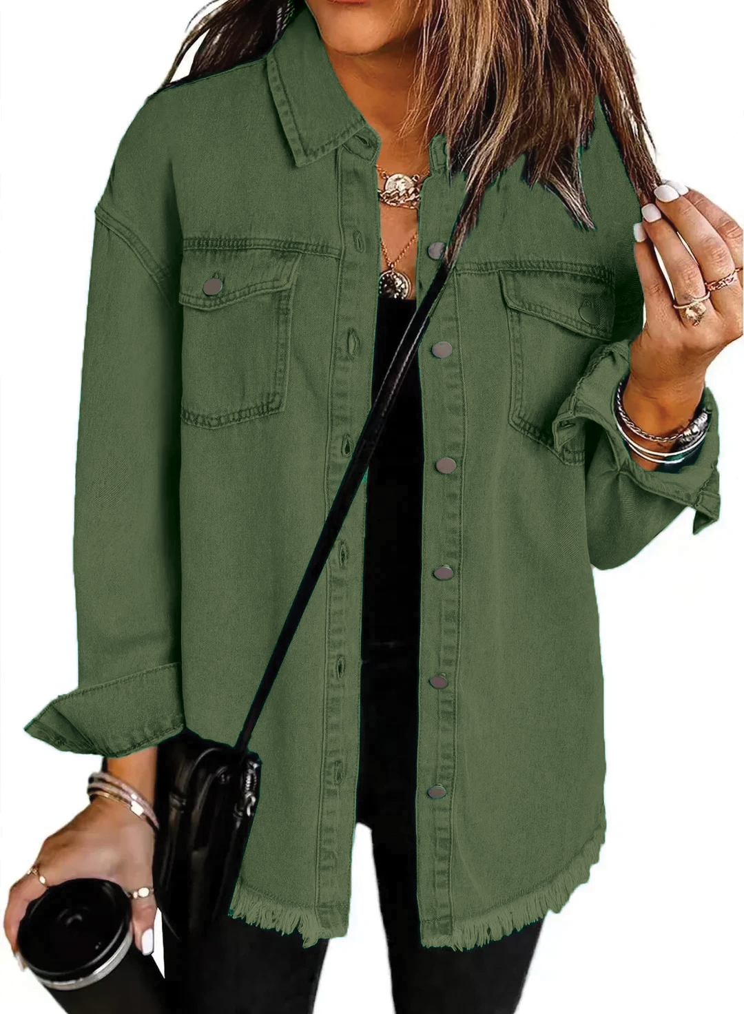 Women's relaxed fit washed denim shirt jacket with button-down front, chest pockets, and fringe hem
