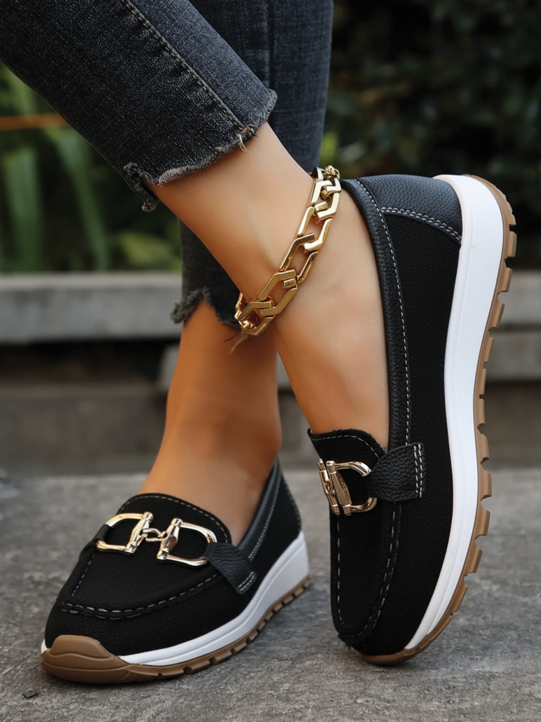 Women's flat buckle loafers structured silhouette vegan leather slip-on with breathable interior