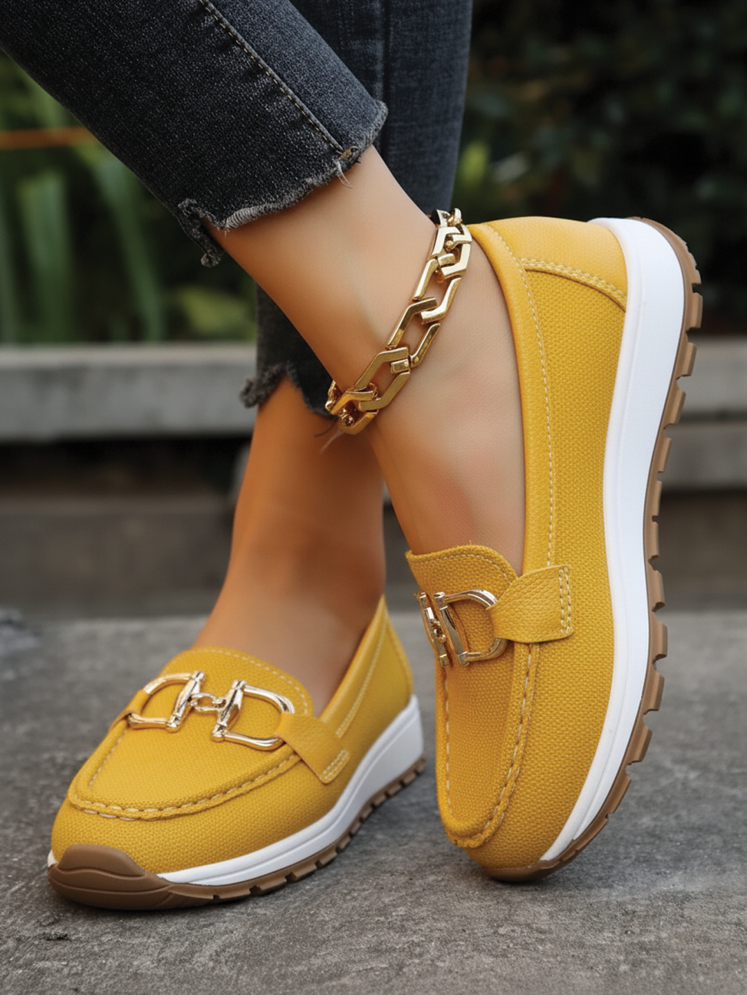 Women's flat buckle loafers structured silhouette vegan leather slip-on with breathable interior