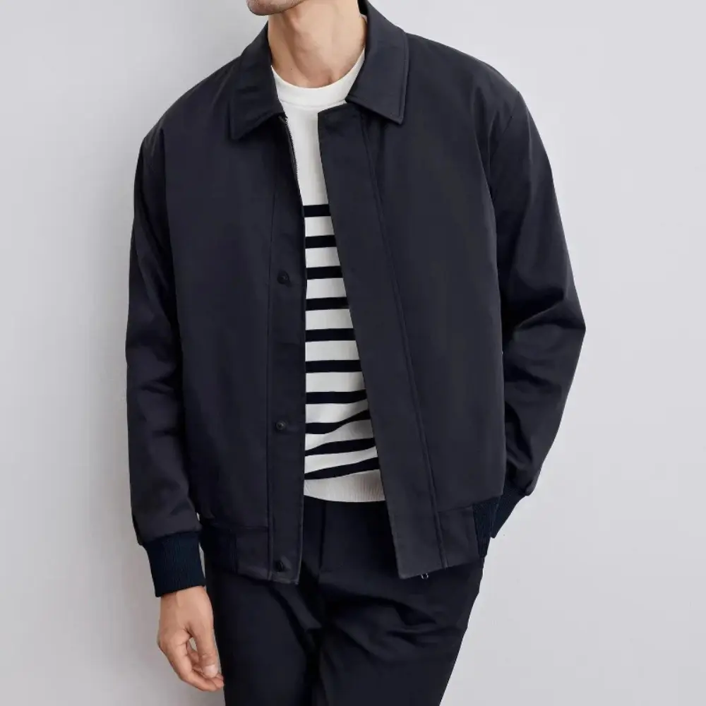 Navy men's relaxed fit overcoat with pointed collar, lightweight warmth for smart casual wear