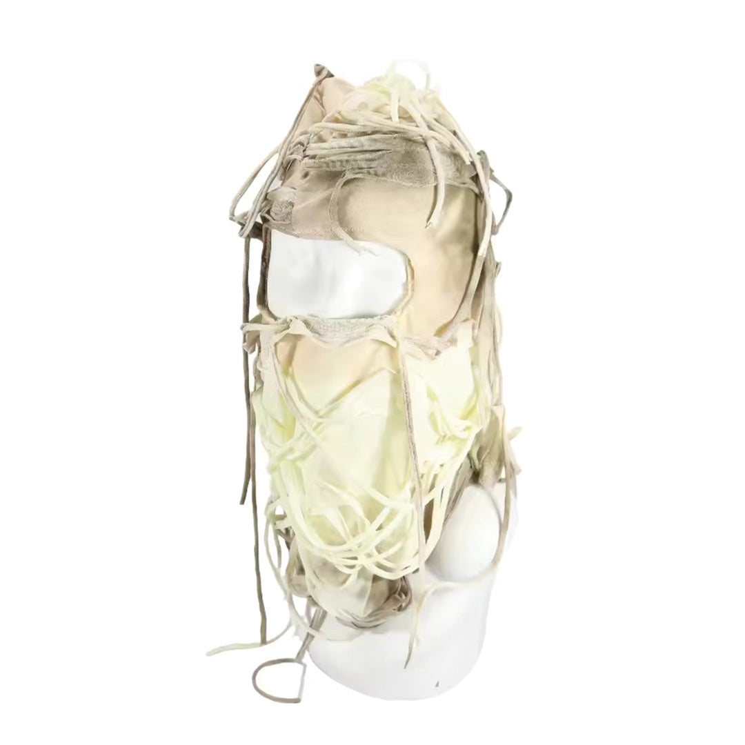 Black layered cotton hood headpiece with twisted rope fringe, dystopian couture urban rebel style