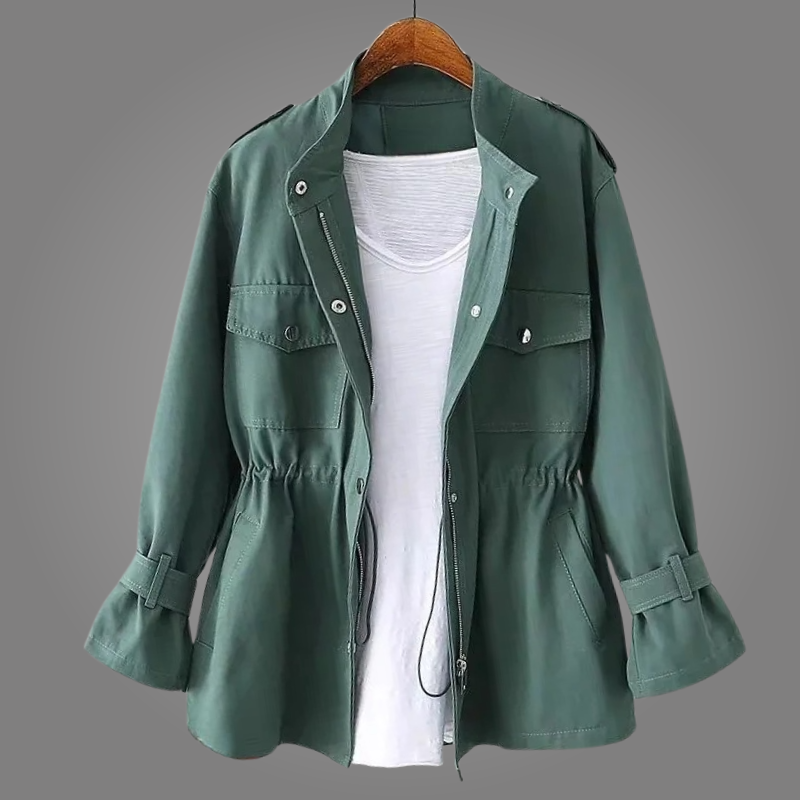 Lightweight olive utility jacket relaxed fit drawstring waist zip closure snap pockets unisex layering