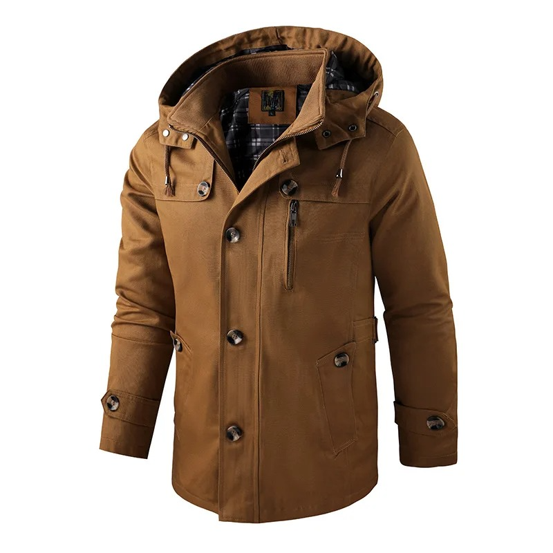 Men's hooded mid-thigh parka jacket regular fit winter outerwear with collared hood