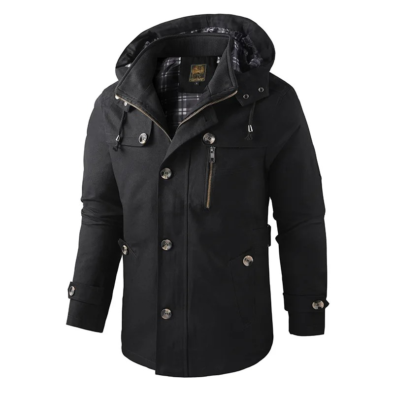 Men's hooded mid-thigh parka jacket regular fit winter outerwear with collared hood