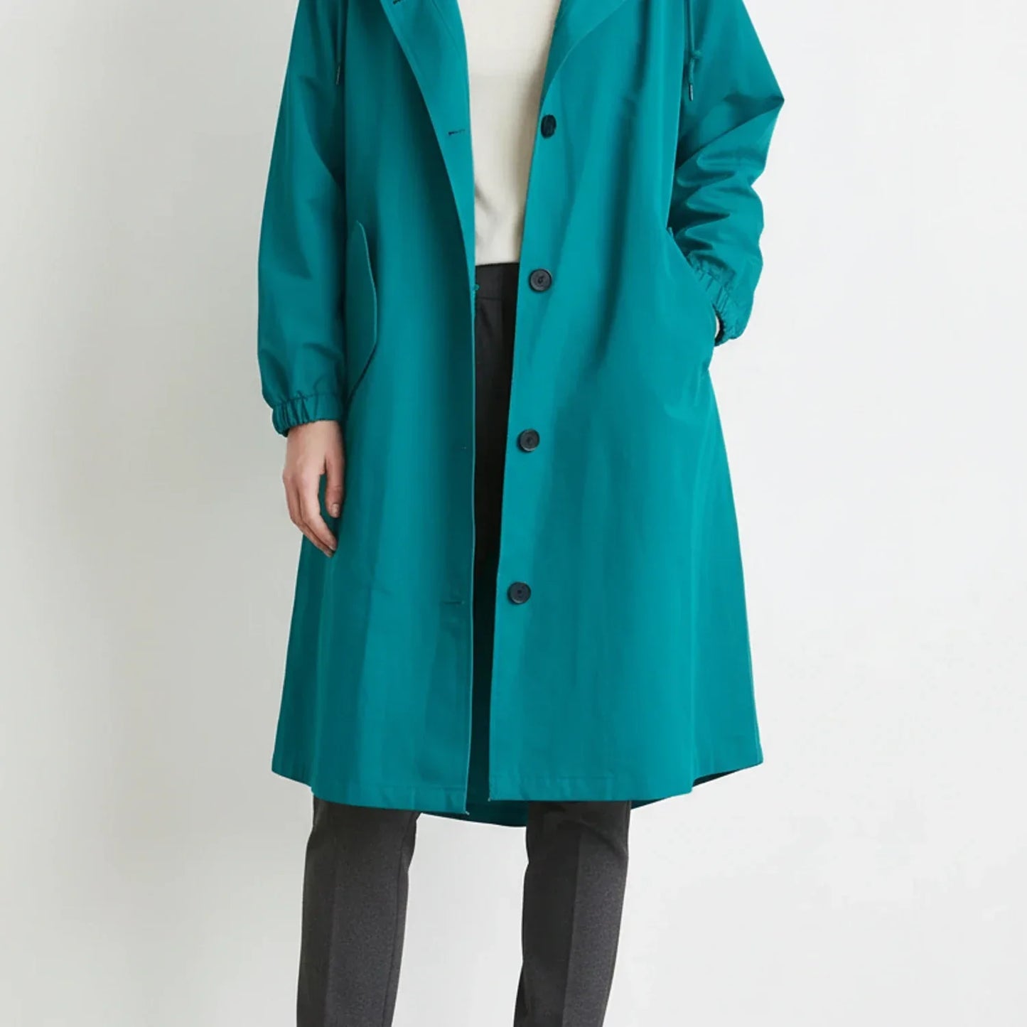 Women's hooded long coat drawstring hood A-line silhouette button front trench-inspired style pockets
