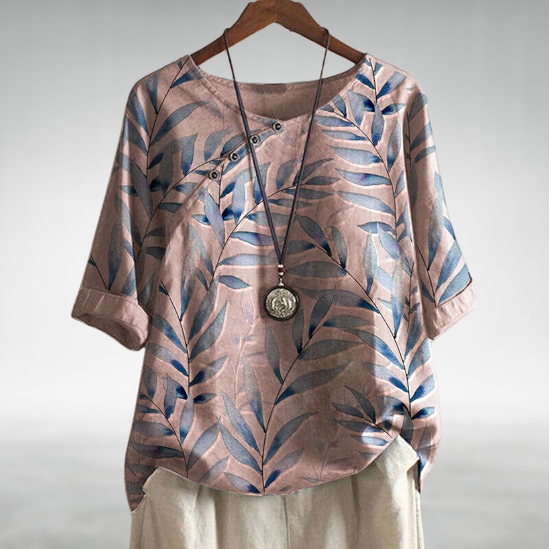 Women's leaf print button-up blouse, casual breezy style with nature-inspired motif for everyday wear
